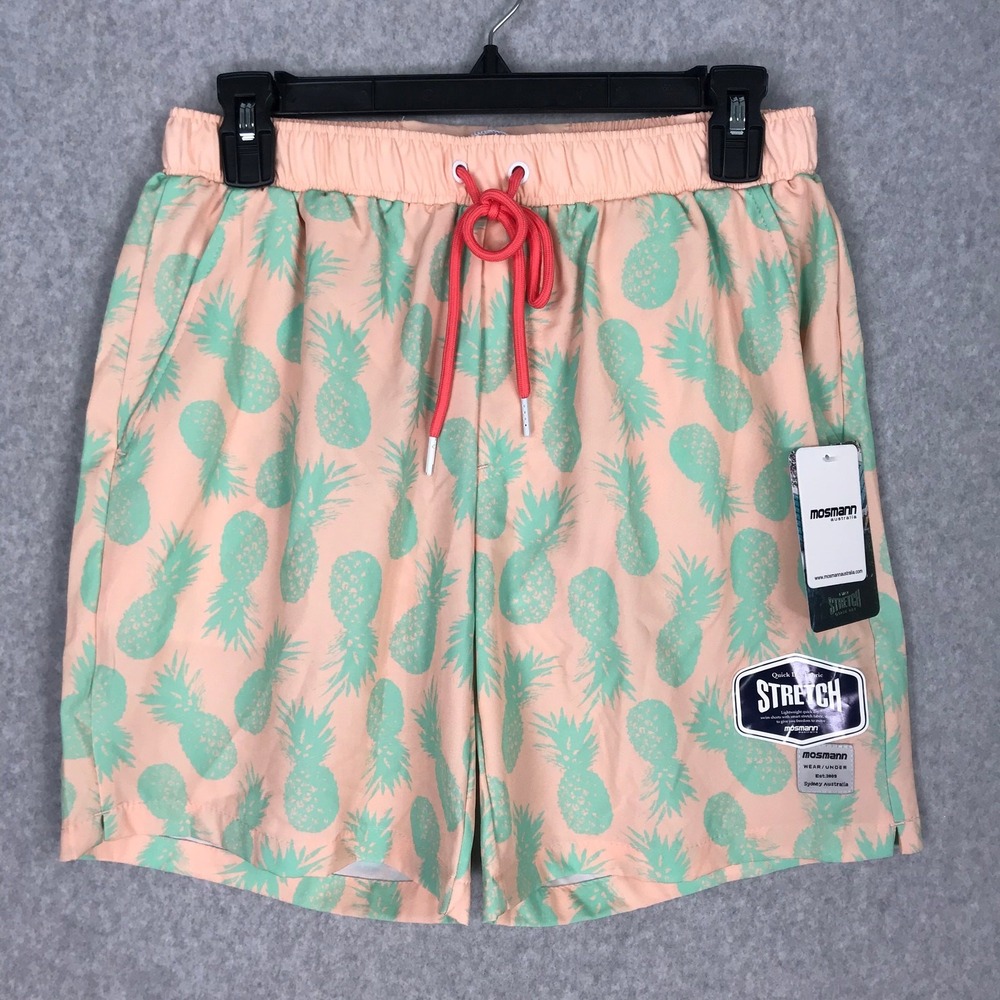 Mossman Australia Swim Trunk Small Peach Stretch Pineapple Volley Board 6 Inseam